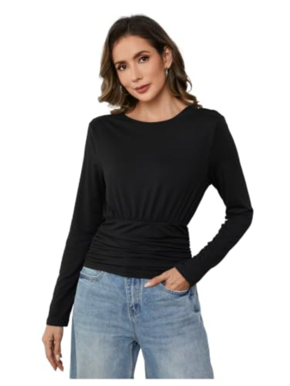 Backless Draped Long Sleeve Top Ruched Cinched Waist Going Out Tee